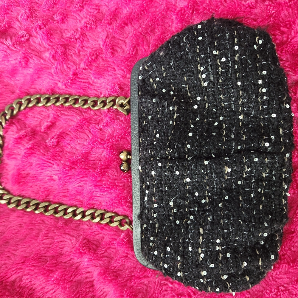 J Crew Evening Bag with brass chain. Black tweed, 100% wool, with mat sequins